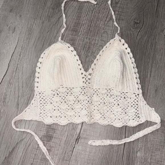 lakhays Tops - Cream Crochet Backless Crop Top with Tie Front